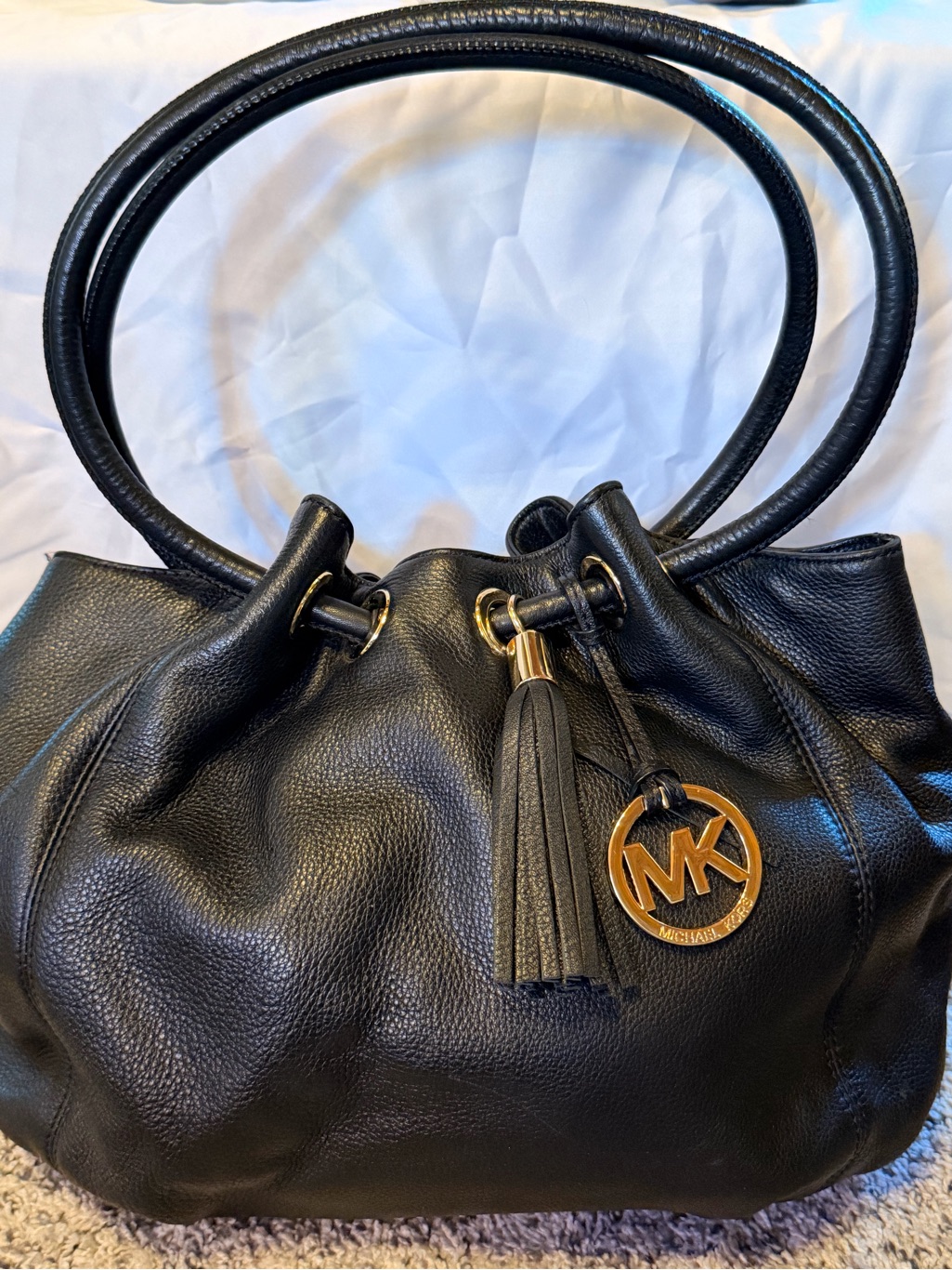 Michael Kors Black Pebbled Leather Slouchy Shoulder Bag With Tassel